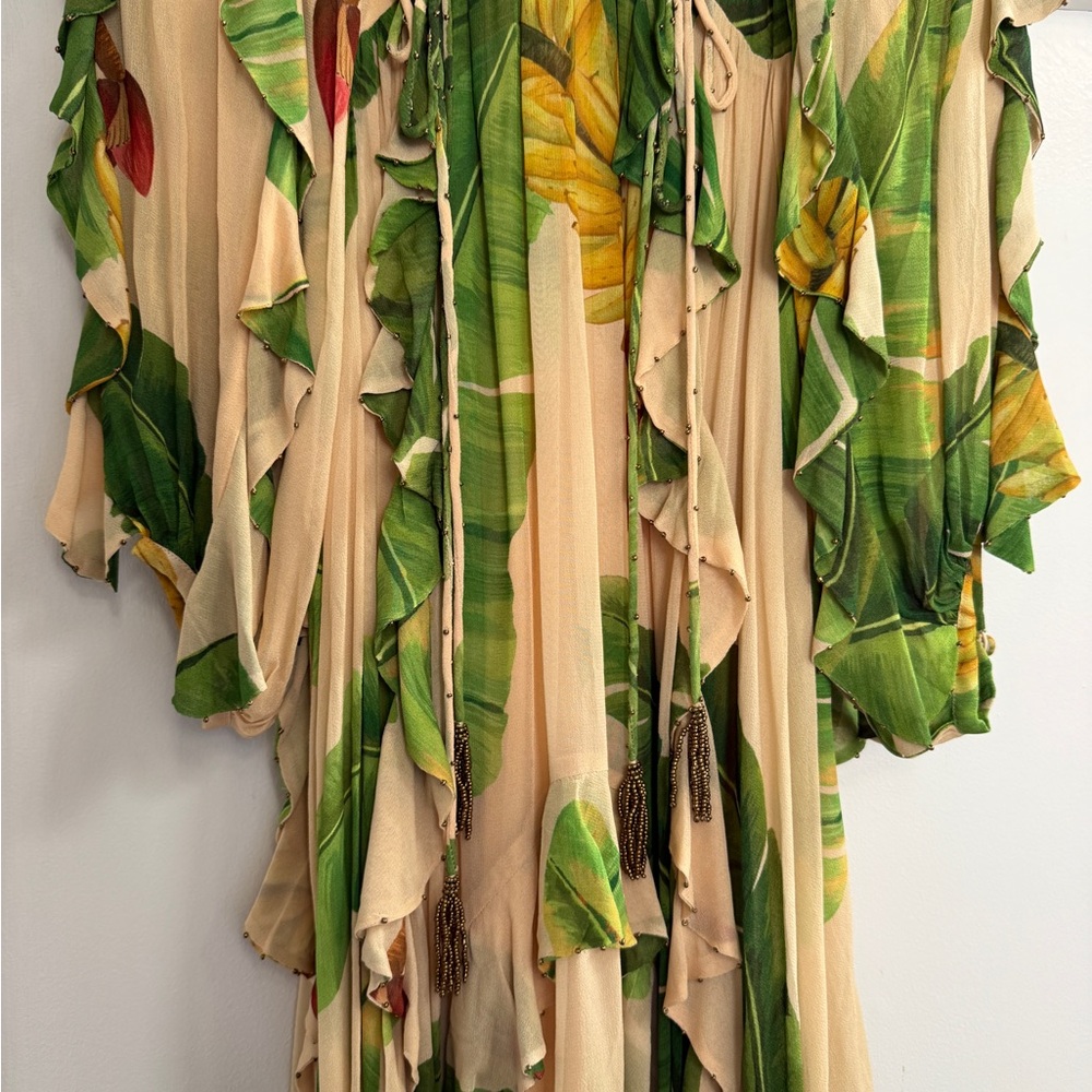 FARM Rio Cream Maxi Dress with Green Leaf Print and Ruffles - Picture 3 of 3